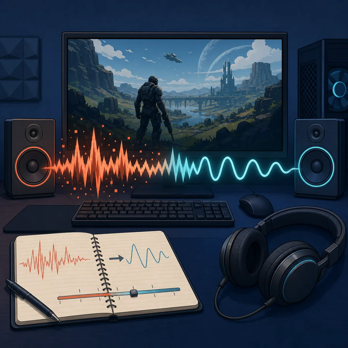 Editoriale Illustration einer verrauschten Xenia-Audiowelle, die bei der Fehlerbehebung glatt wird