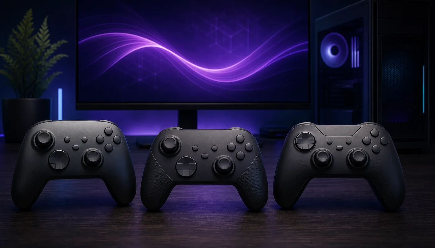 Illustrazione editoriale di tre controller generici su una postazione da gaming Windows viola