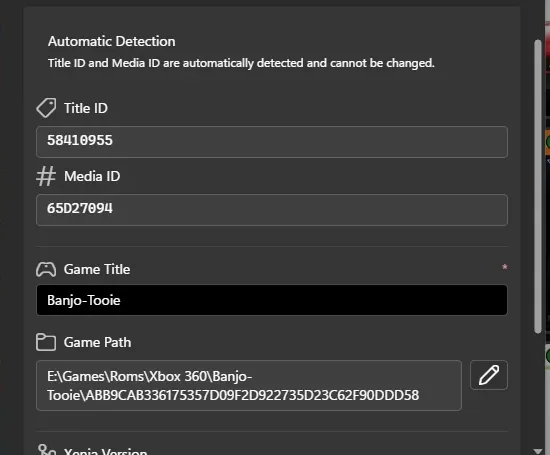 Game Details Editor ufficiale di Xenia Manager con titolo rilevato e percorso del gioco