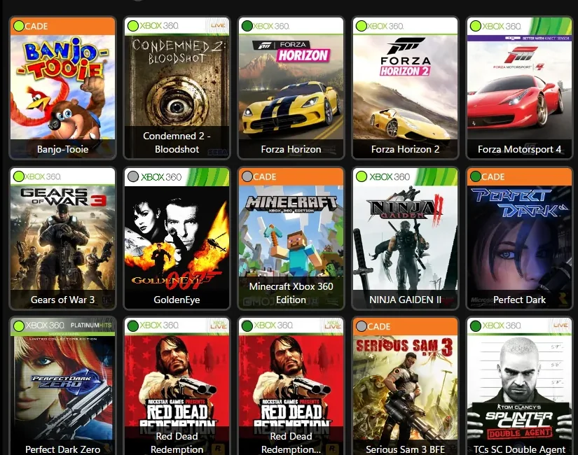 Griglia ufficiale della libreria Xenia Manager con giochi Xbox 360 rilevati
