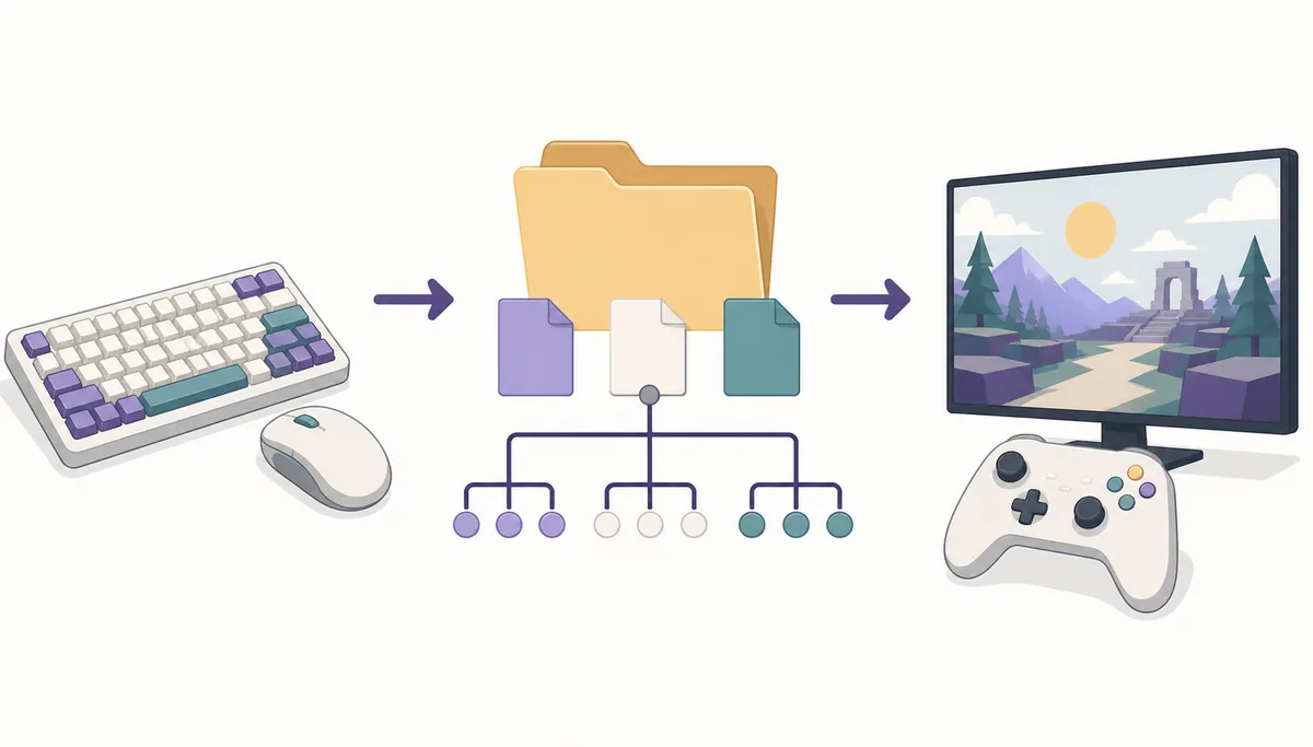 Diagramma editoriale del percorso dell'input da tastiera e mouse attraverso una build separata dell'emulatore
