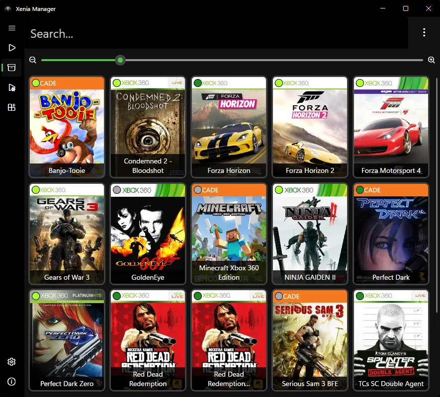 Official Xenia Manager library showing installed Xbox 360 games