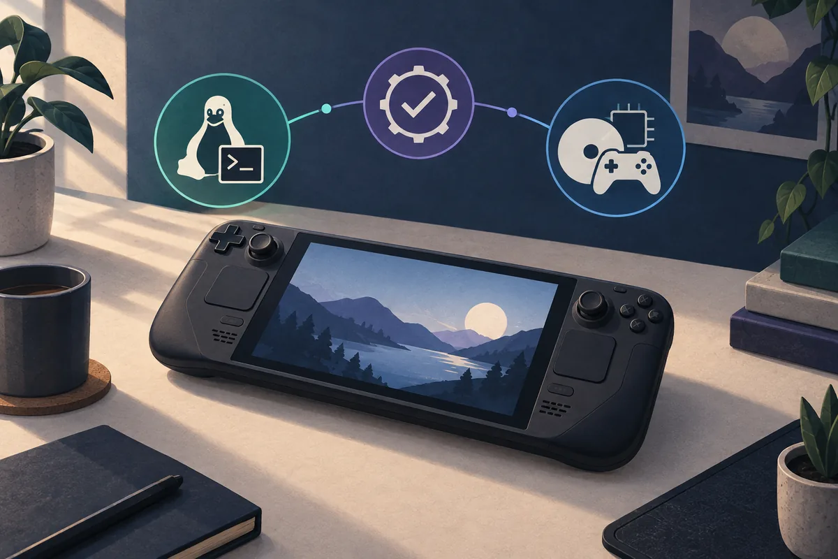 Editorial illustration of a Linux and Xenia gaming workflow on a handheld device