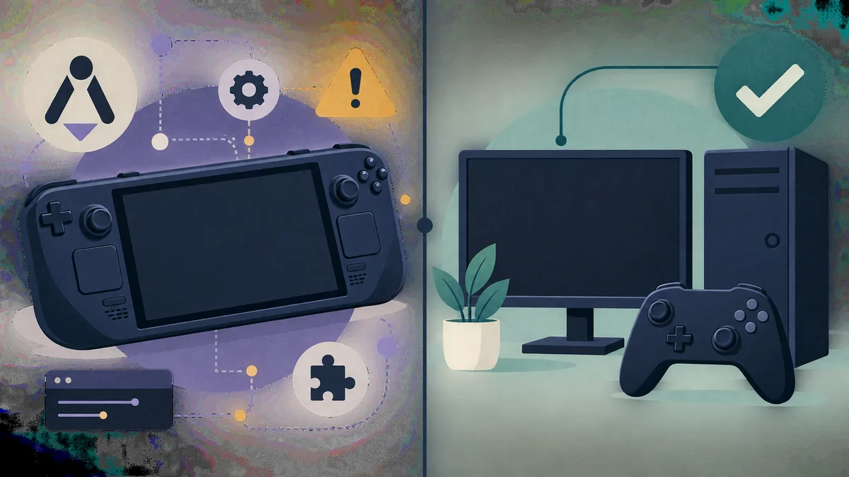 Editorial comparison of an experimental Linux handheld path and a more predictable desktop baseline